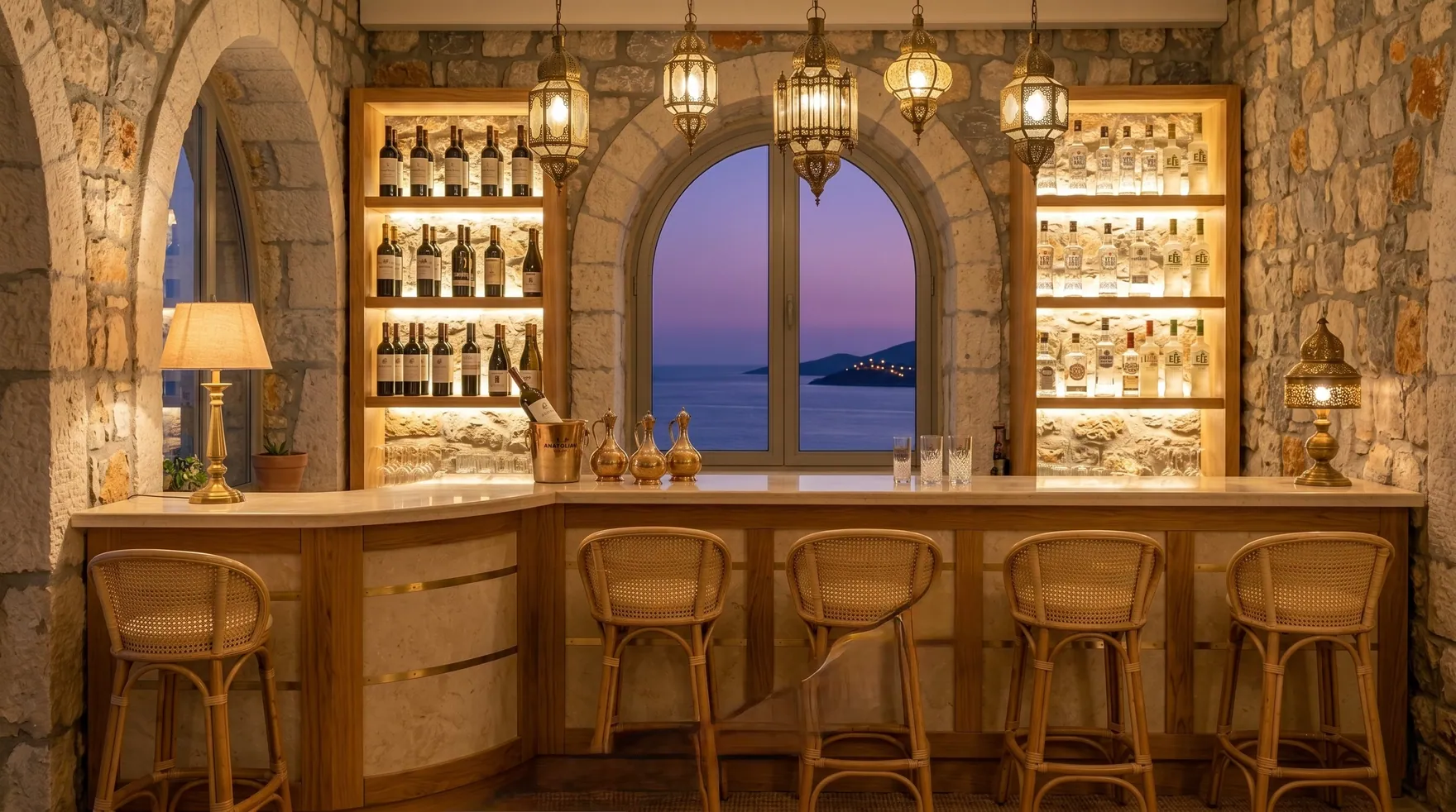 The bar at Blue Riviera as the sun goes down