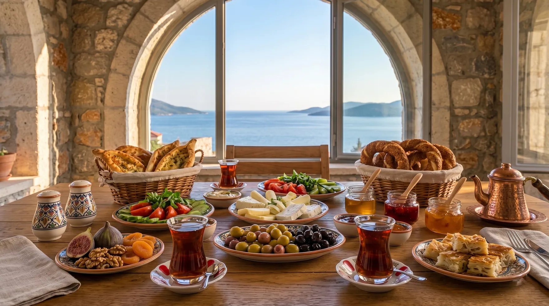 A long Turkish breakfast spread on the terrace
