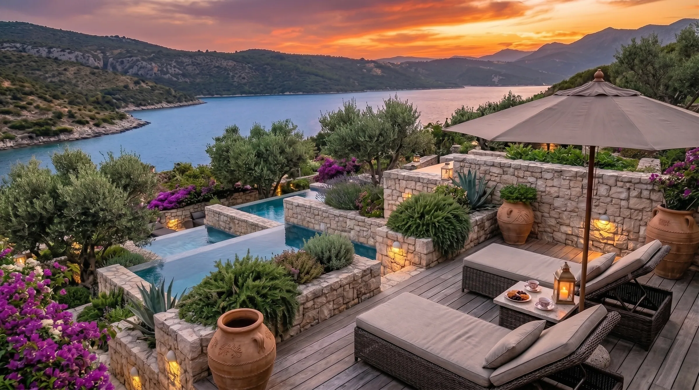 The whitewashed terraces of Blue Riviera meeting the Mediterranean
