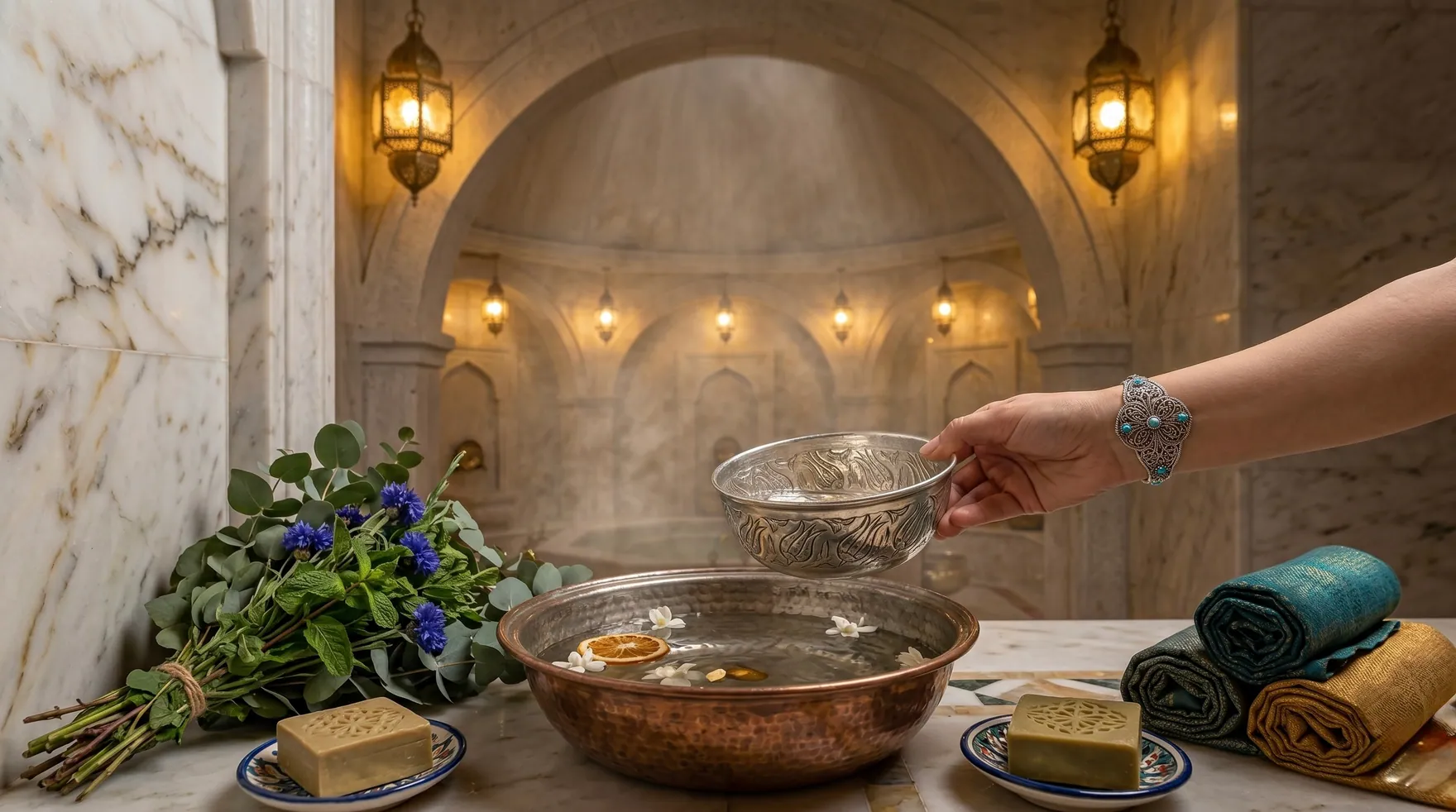 Copper bowls and bath linens of the hammam